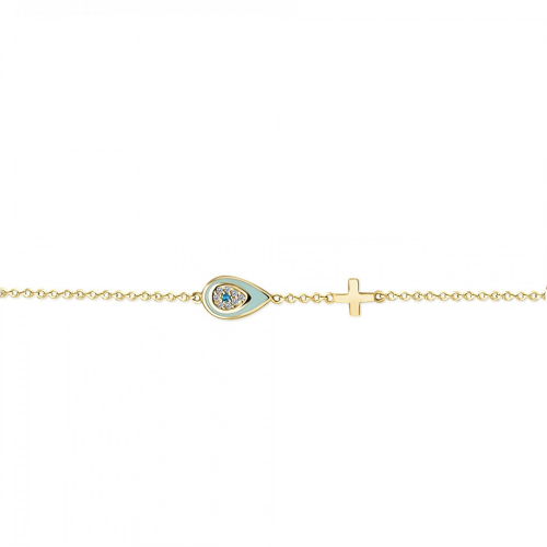 Bracelet with eye and cross Κ14 gold with blue,white zircon and enamel, br2471 BRACELETS Κοσμηματα - chrilia.gr
