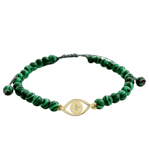 Women bracelet with eye, 14K gold with malachite and diamond 0.005ct, VS2, H, br2534 BRACELETS Κοσμηματα - chrilia.gr