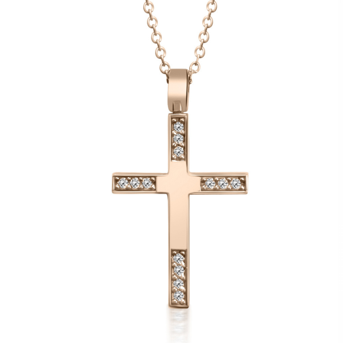 Baptism cross with chain K14 pink gold with zircon, st3621 CROSSES Κοσμηματα - chrilia.gr