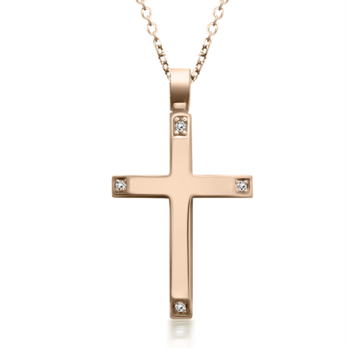 Baptism cross with chain K14 pink gold with zircon, st3622 CROSSES Κοσμηματα - chrilia.gr