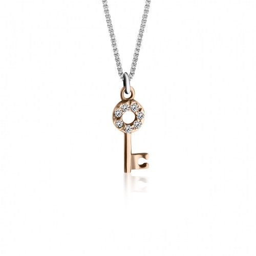 Key necklace, Κ14 pink gold with zircon, ko2311 NECKLACES Κοσμηματα - chrilia.gr