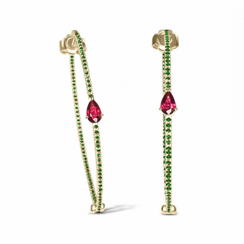 Hoop earrings 18K gold with green diamonds 0.96 and rubbies 0.54ct, sk4005 EARRINGS Κοσμηματα - chrilia.gr