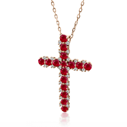Βαπτιστικός σταυρός με αλυσίδα Κ18 ροζ χρυσό με διαμάντια 0.10ct, VS1, G και ρουμπίνια 0.65ct, st4089 ΣΤΑΥΡΟΙ Κοσμηματα - chrilia.gr