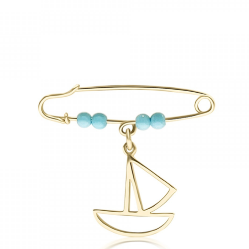 Babies pin K9 gold with boat and turquoise, pf0184 BABIES Κοσμηματα - chrilia.gr