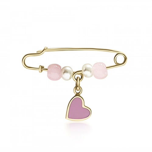 Babies pin K9 pink gold with heart, pink quartz, white pearls and enamel, pf0189 BABIES Κοσμηματα - chrilia.gr