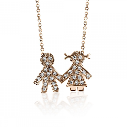 Necklace for mum, K18 pink gold with boy, girl and diamonds 0.16ct, VS1, H, ko3260 NECKLACES Κοσμηματα - chrilia.gr