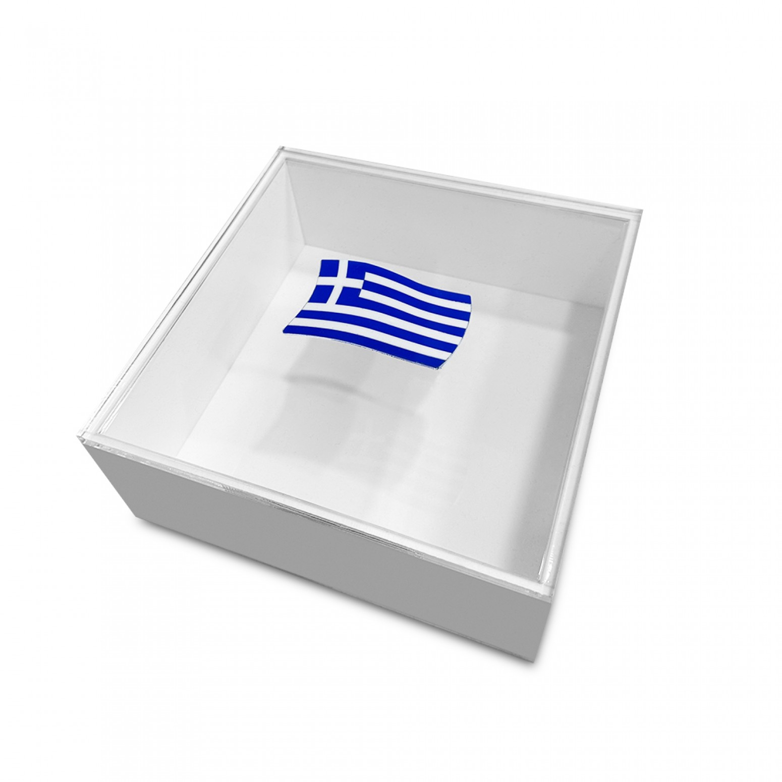 White plexiglass box with transparent lid and Greek flag 20 x 20 x 8cm, ac1567 GIFTS Κοσμηματα - chrilia.gr
