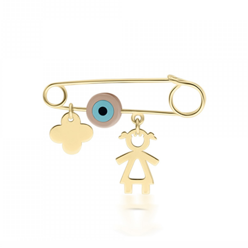 Babies pin K14 gold with girl, cross and eye pf0015 BABIES Κοσμηματα - chrilia.gr