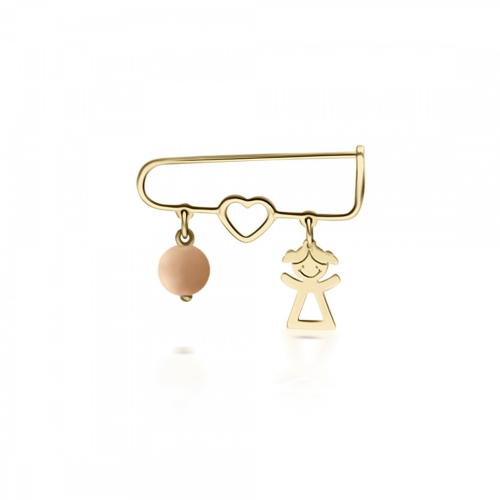 Babies pin K14 gold with girl, heart and pink coral pf0175 BABIES Κοσμηματα - chrilia.gr