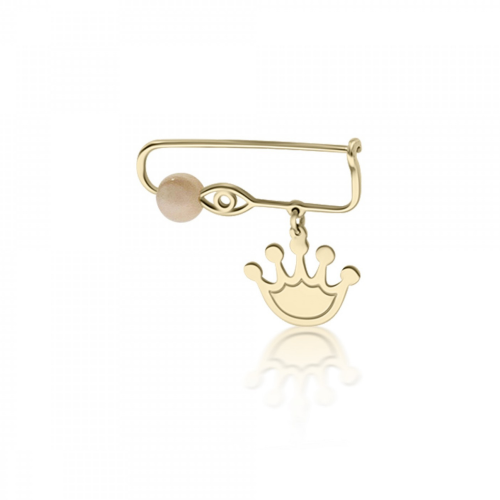 Babies pin K14 gold with crown, eye and pink coral pf0074 BABIES Κοσμηματα - chrilia.gr