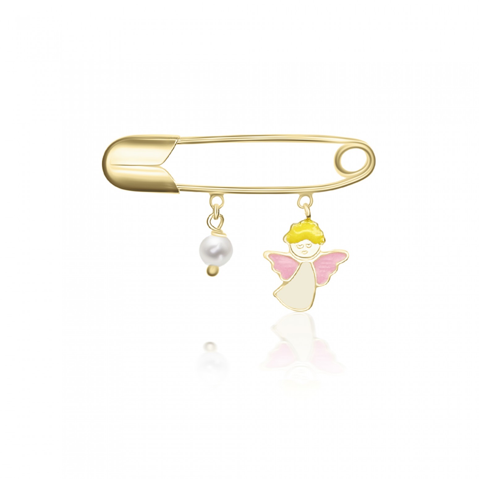 Babies pin K9 gold with angel, white pearl and enamel pf0169 BABIES Κοσμηματα - chrilia.gr