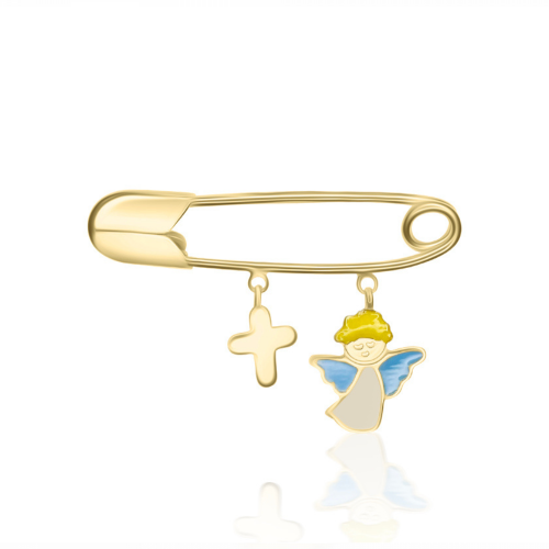 Babies pin K9 gold with angel, cross and enamel pf0170 BABIES Κοσμηματα - chrilia.gr