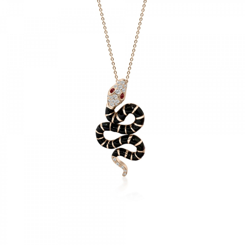 Snake necklace, Κ18 pink gold with rubies 0.03ct and diamonds 0.12ct VS1, H and enamel, ko5463 NECKLACES Κοσμηματα - chrilia.gr