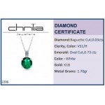 Solitaire oval necklace, Κ18 white gold with emerald 0.73ct and diamond 0.03ct, VS1, Η, me2206 NECKLACES Κοσμηματα - chrilia.gr
