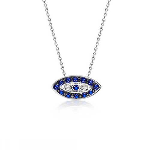 Eye necklace, Κ9 white gold with sapphires 0.50ct and diamonds 0.03ct, VS1, H ko5828 NECKLACES Κοσμηματα - chrilia.gr