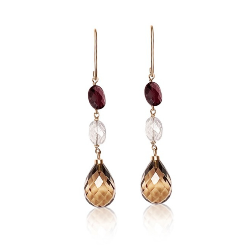 Dangle earrings K14 gold with quartz fumé, pink quartz and granada, sk1662 EARRINGS Κοσμηματα - chrilia.gr