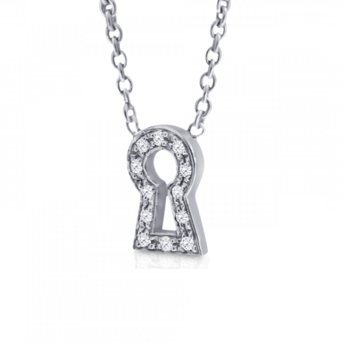 Lock necklace, Κ14 white gold with zircon, ko1697 NECKLACES Κοσμηματα - chrilia.gr