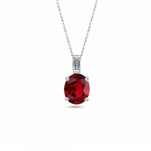 Solitaire oval necklace, Κ18 white gold with ruby 0.85ct and diamond 0.03ct, VS1, G, me2207 NECKLACES Κοσμηματα - chrilia.gr