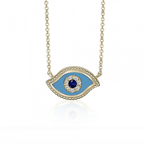 Eye necklace, Κ18 gold with sapphire 0.01ct, diamonds and blue enamel, VS1, G ko5753 NECKLACES Κοσμηματα - chrilia.gr