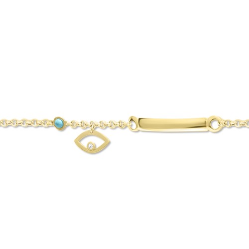 Babies identity bracelet K14 gold with eye, diamond 0.02ct, VS2, H  and turquoise pb0219 BRACELETS Κοσμηματα - chrilia.gr