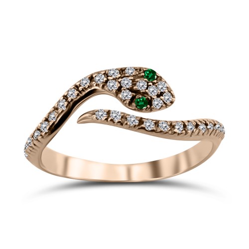 Multistone snake ring, K9 pink gold with white and green zircon, da3468 RINGS Κοσμηματα - chrilia.gr