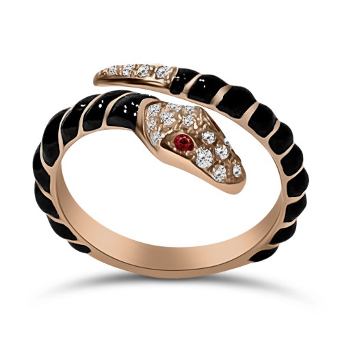 Multistone snake ring, 18K pink gold with diamonds 0.18ct VS1, H, rubies 0.03ct and enamel, da4002