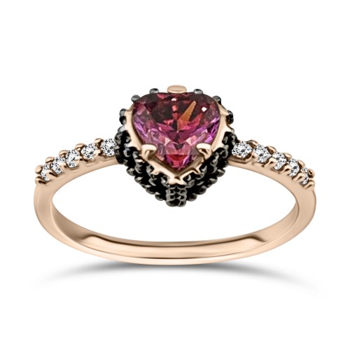 Heart solitaire ring, 14K pink gold with red, white and black zircon, da3424 ENGAGEMENT RINGS Κοσμηματα - chrilia.gr