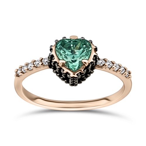Μονόπετρο δαχτυλίδι καρδιά, Κ14 ροζ χρυσό με πράσινο, λευκά και μαύρα ζιργκόν, da3425 ΔΑΧΤΥΛΙΔΙΑ ΑΡΡΑΒΩΝΑ Κοσμηματα - chrilia.gr