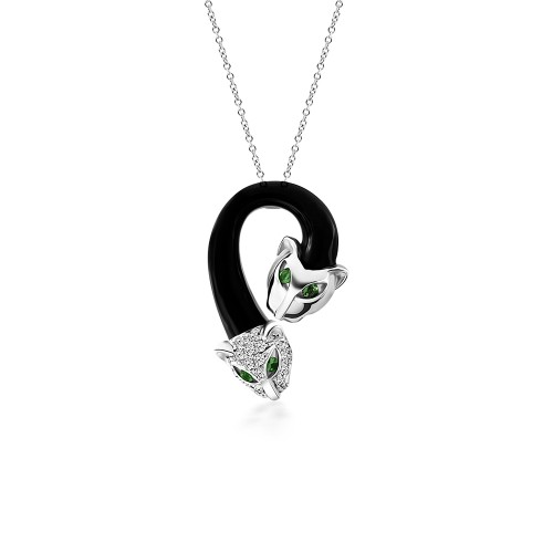 Necklace with panthers, Κ18 white gold with diamonds 0.17ct, VS1, G, tsavorites 0.06 and enamel, ko5437 NECKLACES Κοσμηματα - chrilia.gr