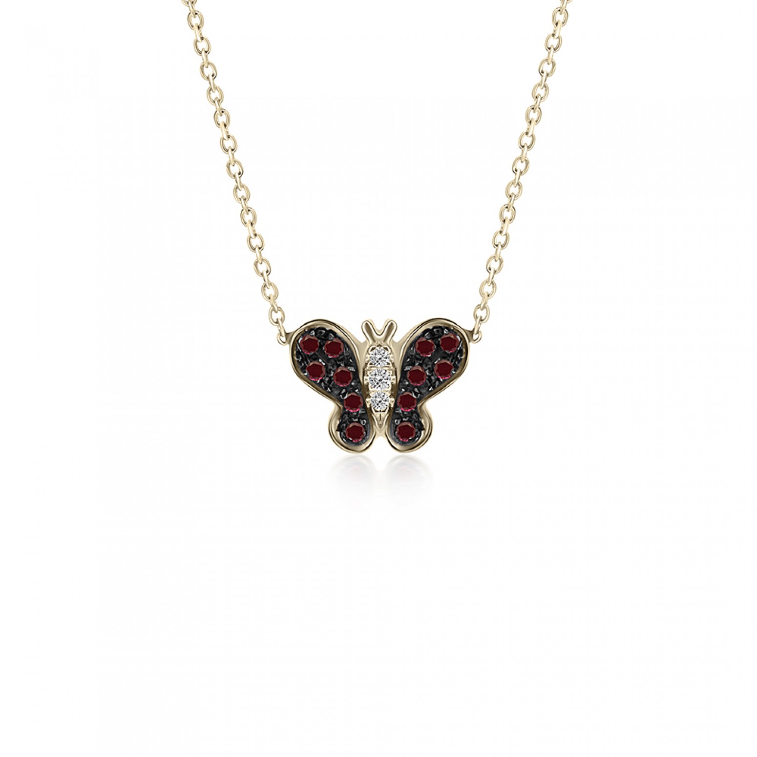 Butterfly necklace, Κ18 gold with rubies 0.06ct and diamonds 0.01ct VS2, H ko5216 NECKLACES Κοσμηματα - chrilia.gr