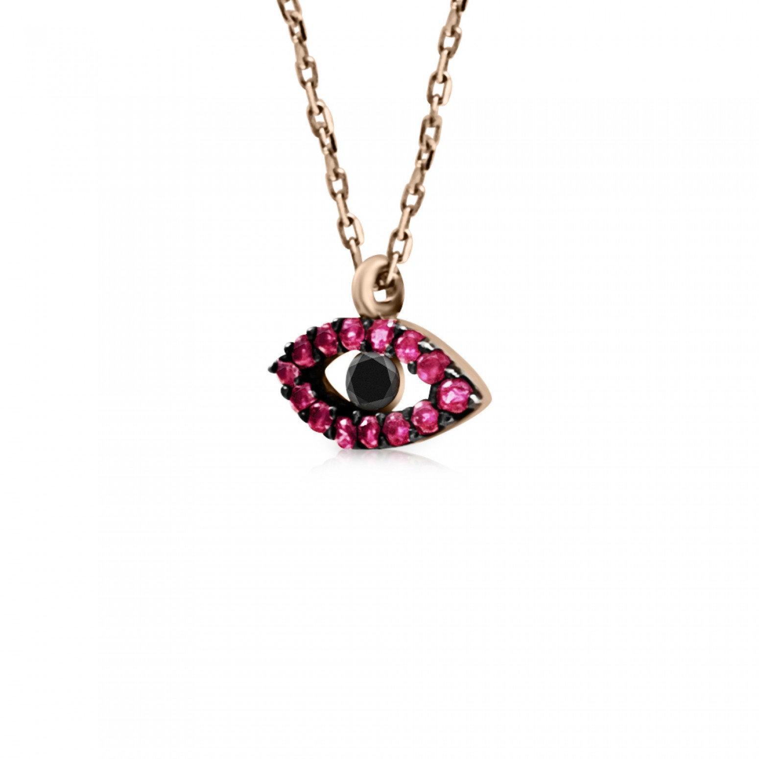 Eye necklace, Κ14 pink gold with red and black zircon, ko3116 NECKLACES Κοσμηματα - chrilia.gr