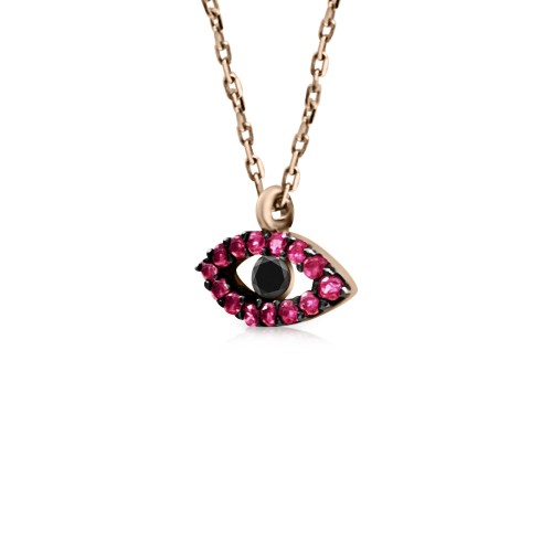 Eye necklace, Κ14 pink gold with red and black zircon, ko3116 NECKLACES Κοσμηματα - chrilia.gr