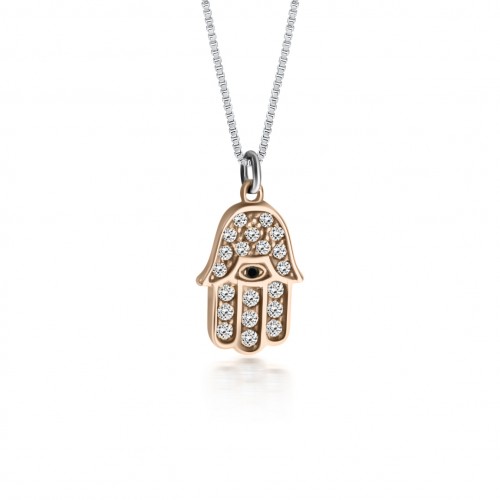 Hamsa hand necklace, Κ14 pink gold with zircon, ko2307 NECKLACES Κοσμηματα - chrilia.gr