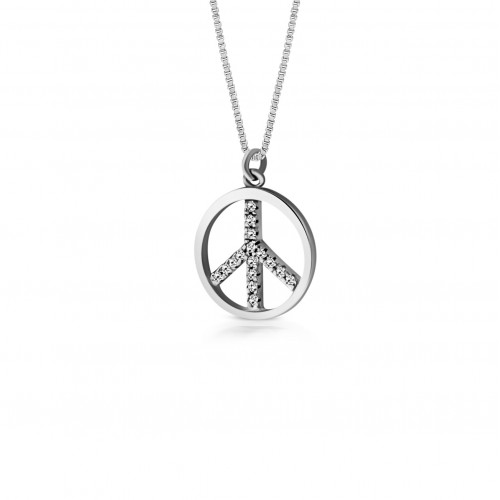 Peace sign necklace, Κ14 white gold with zircon, ko1740 NECKLACES Κοσμηματα - chrilia.gr