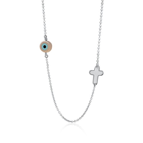 Necklace for mum, K14 white gold with cross and eye, pk0172 NECKLACES Κοσμηματα - chrilia.gr