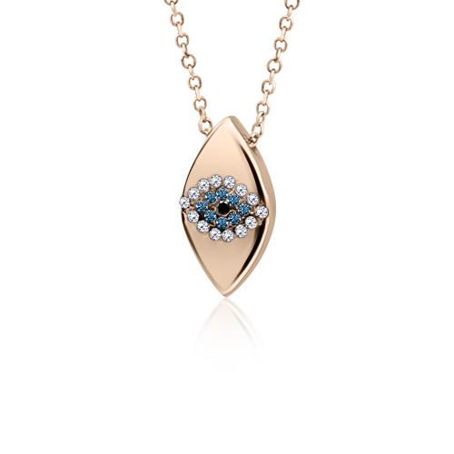 Eye necklace, Κ9 pink gold with white, blue and black zircon, ko3804 NECKLACES Κοσμηματα - chrilia.gr