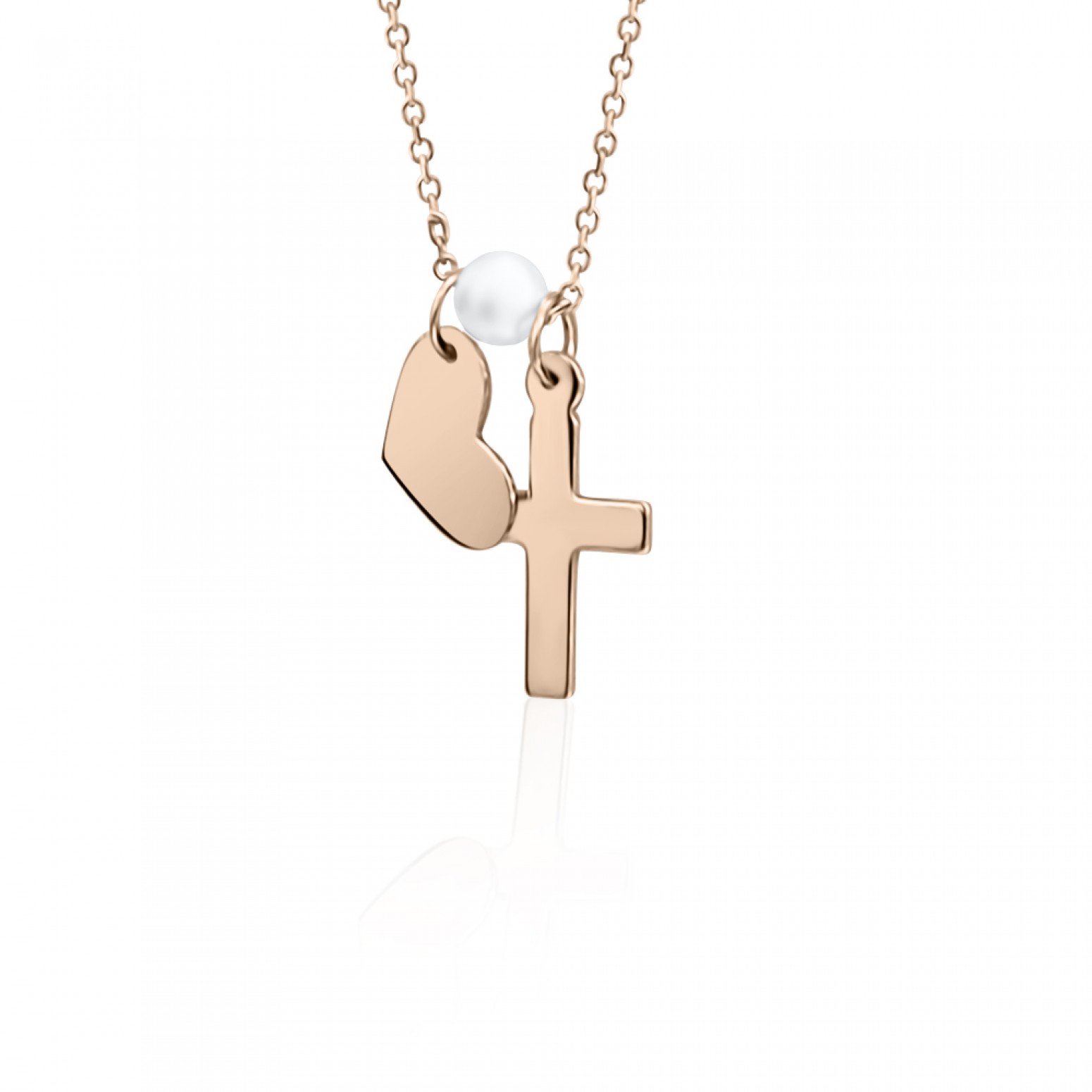 Necklace with heart and cross, Κ9 pink gold with pearl, ko4962 NECKLACES Κοσμηματα - chrilia.gr