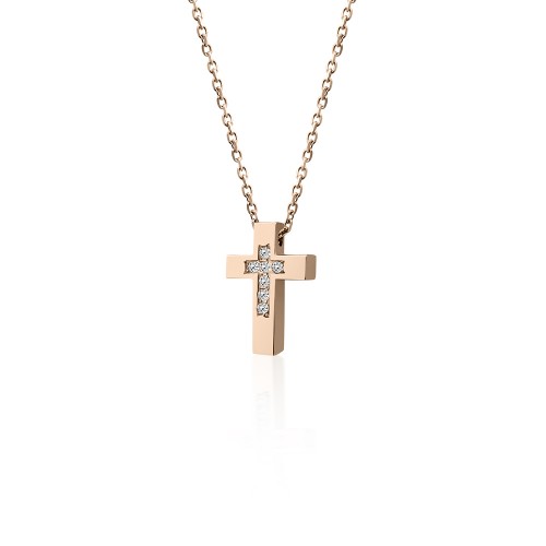 Cross necklace, Κ14 pink gold with zircon, ko5485 NECKLACES Κοσμηματα - chrilia.gr