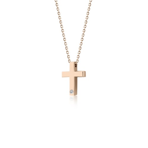 Cross necklace, Κ14 pink gold with zircon, ko5484 NECKLACES Κοσμηματα - chrilia.gr