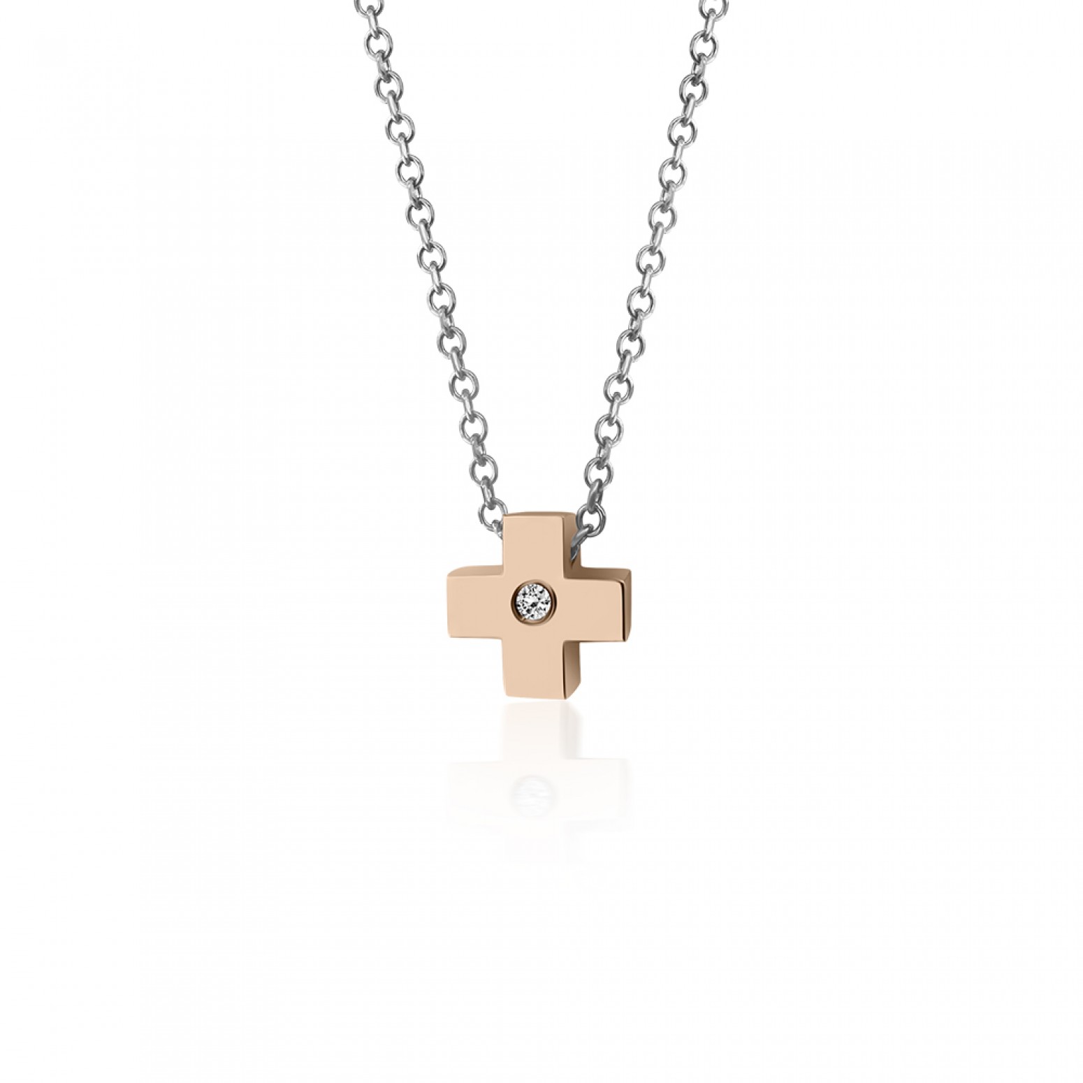 Cross necklace, Κ14 white anf pink gold with zircon, ko5488 NECKLACES Κοσμηματα - chrilia.gr