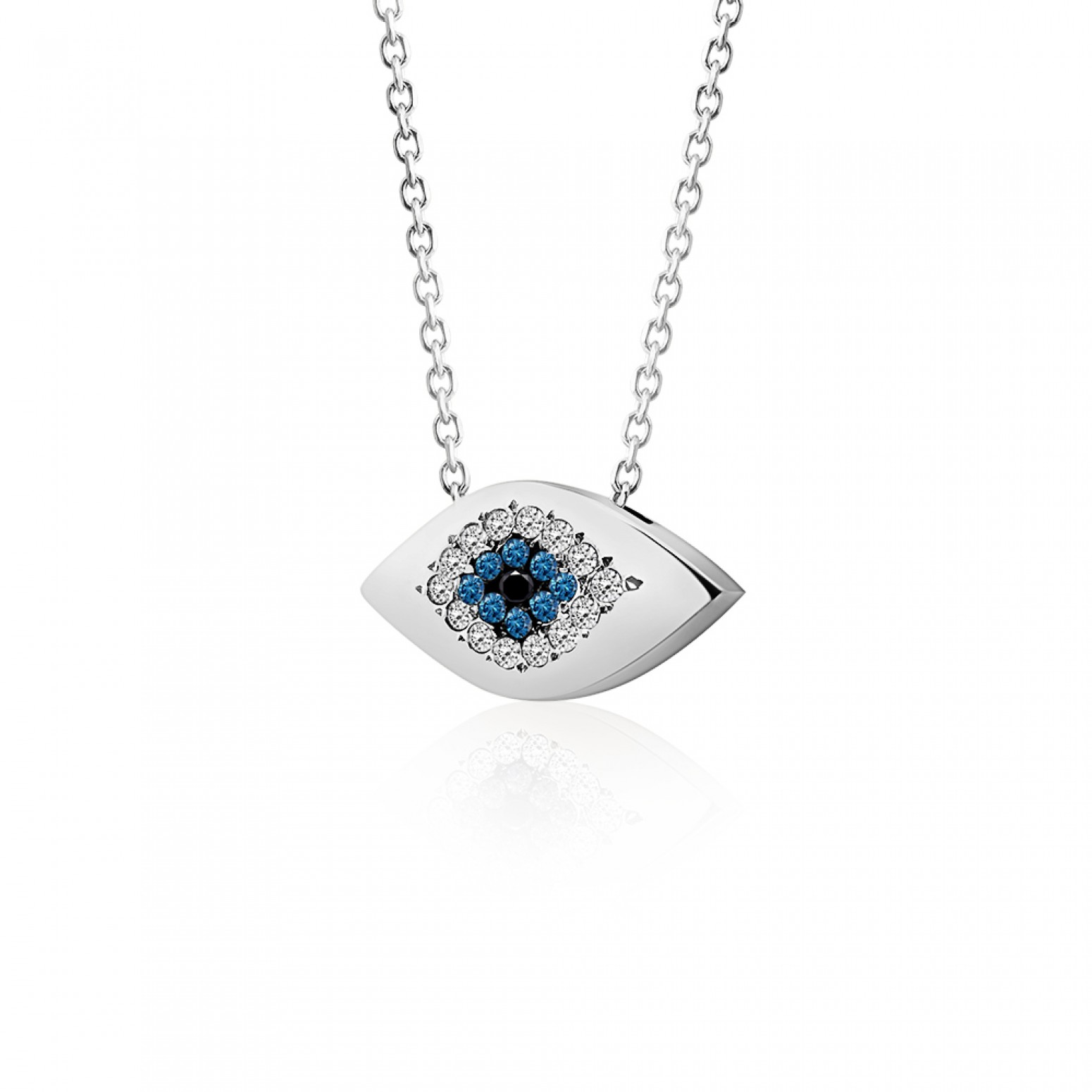 Eye necklace, Κ14  white gold with white, blue and black zircon, ko5494 NECKLACES Κοσμηματα - chrilia.gr