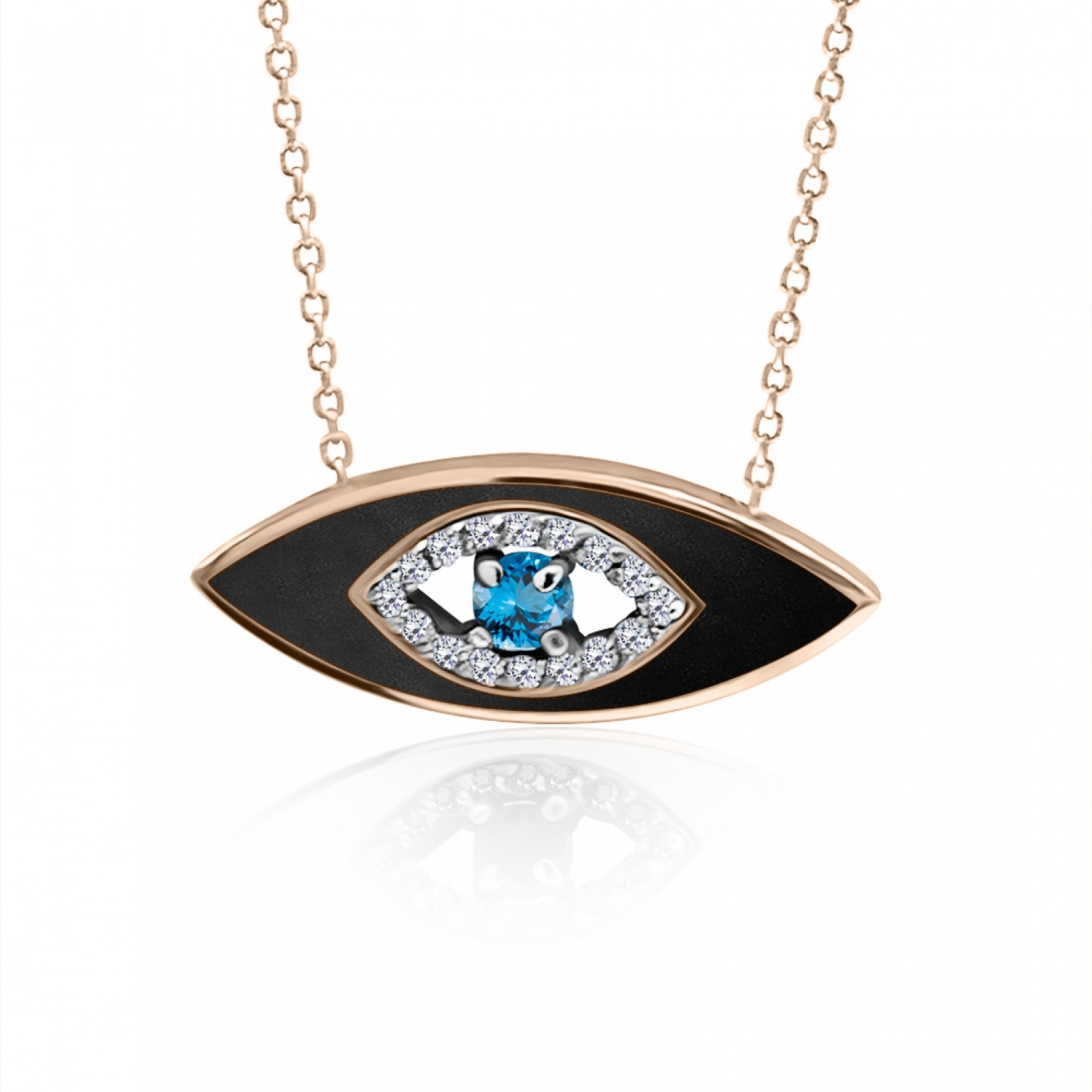 Eye necklace, Κ9 pink gold with blue, white zircon and enamel, ko5023 NECKLACES Κοσμηματα - chrilia.gr