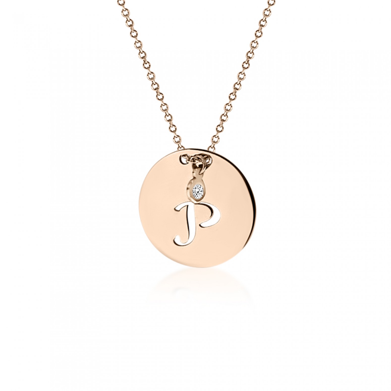 Monogram necklace Ρ in round disk , Κ14 pink gold with diamond 0.02ct, VS2, H ko5086 NECKLACES Κοσμηματα - chrilia.gr