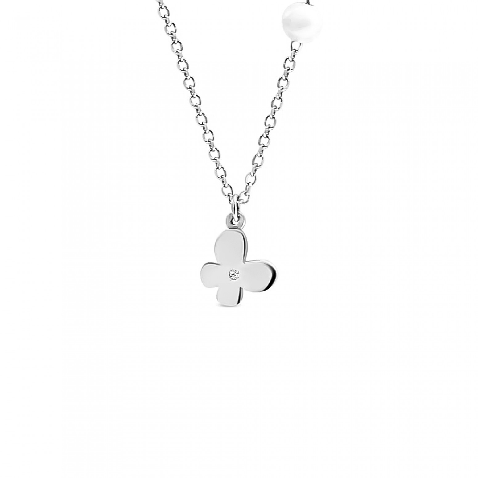 Butterfly necklace, Κ14 white gold with zircon and pearl, ko5185 NECKLACES Κοσμηματα - chrilia.gr