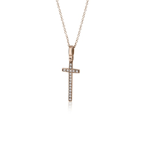 Κολιέ σταυρός, Κ14 ροζ χρυσό με ζιργκόν, ko2385 ΚΟΛΙΕ Κοσμηματα - chrilia.gr