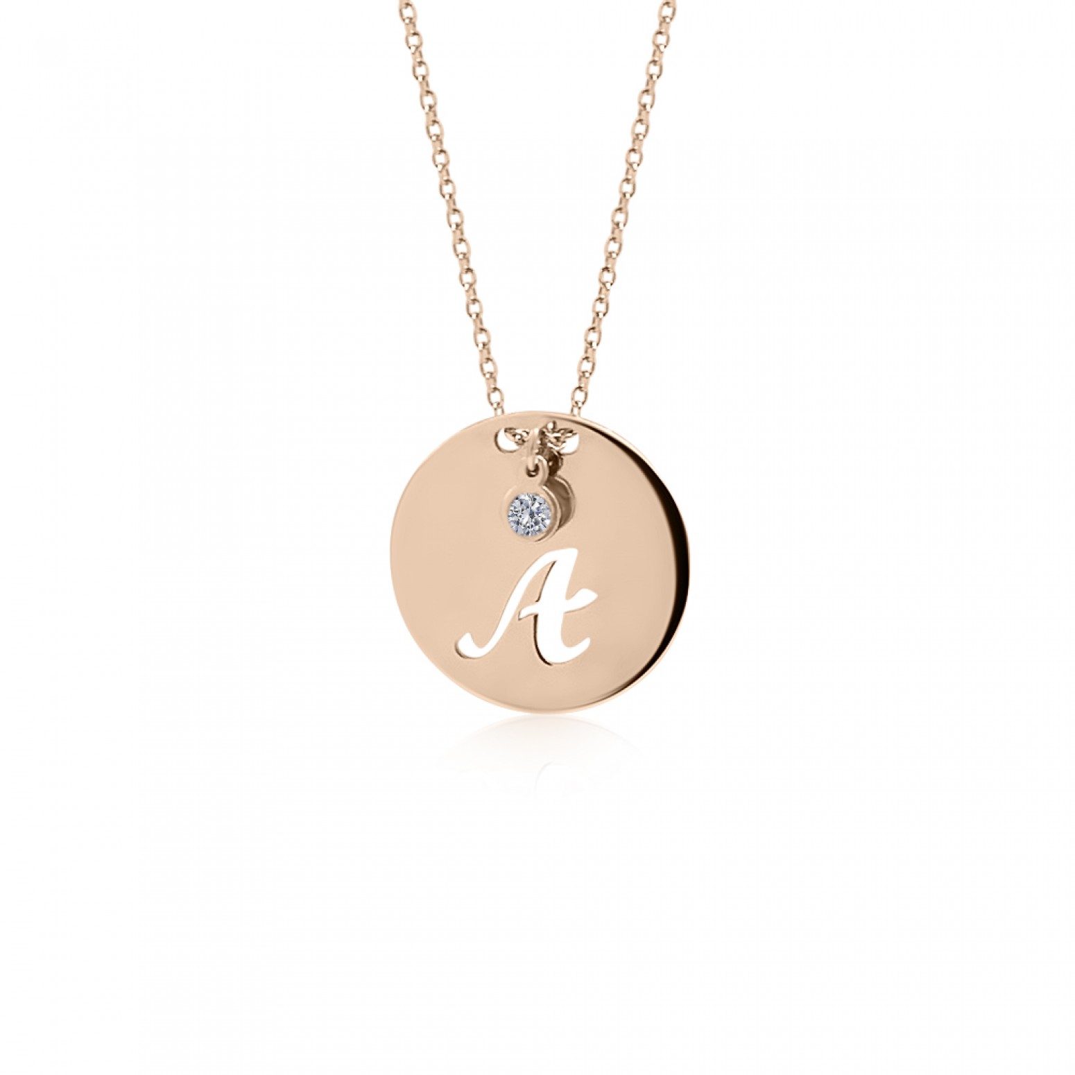 Monogram necklace A in round disk , Κ14 pink gold with diamond 0.02ct, VS2, H ko4381 NECKLACES Κοσμηματα - chrilia.gr