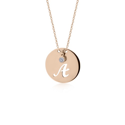 Monogram necklace A in round disk , Κ14 pink gold with diamond 0.02ct, VS2, H ko4381 NECKLACES Κοσμηματα - chrilia.gr