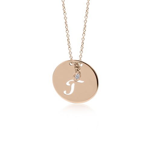 Monogram necklace Γ in round disk , Κ14 pink gold with diamond 0.02ct, VS2, H ko4629 NECKLACES Κοσμηματα - chrilia.gr