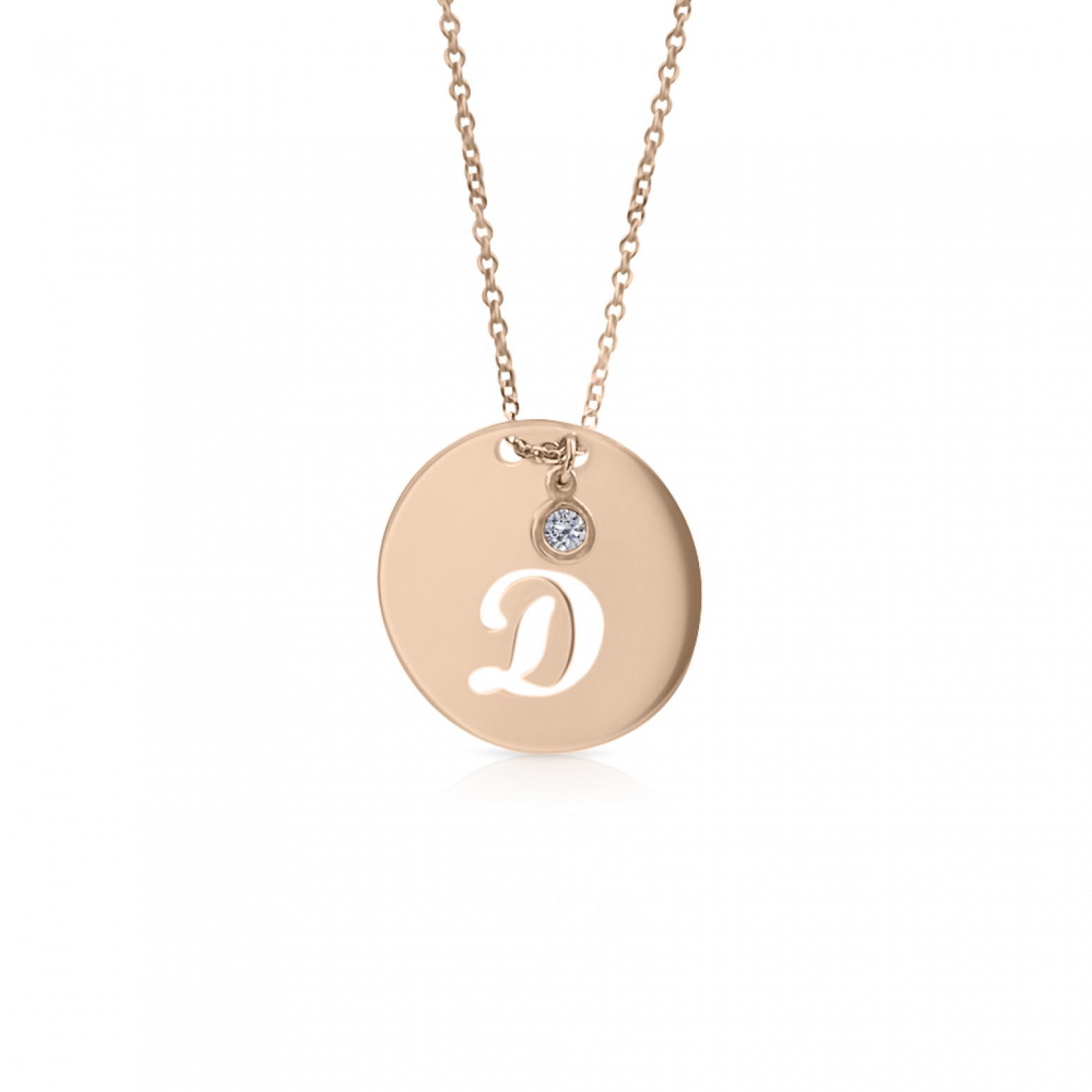 Monogram necklace Δ in round disk , Κ14 pink gold with diamond 0.02ct, VS2, H ko4630 NECKLACES Κοσμηματα - chrilia.gr