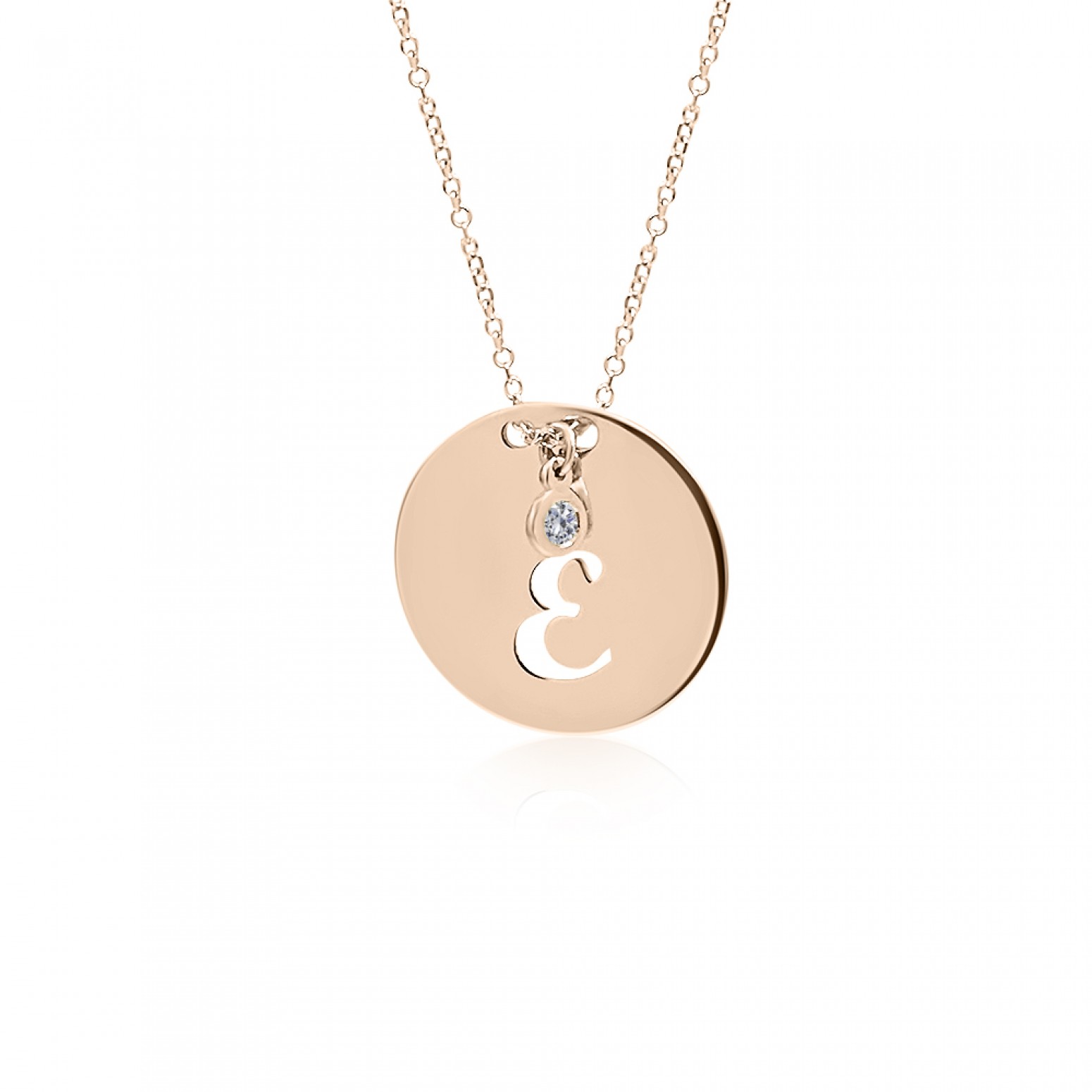 Monogram necklace Ε in round disk , Κ14 pink gold with diamond 0.02ct, VS2, H ko4631 NECKLACES Κοσμηματα - chrilia.gr